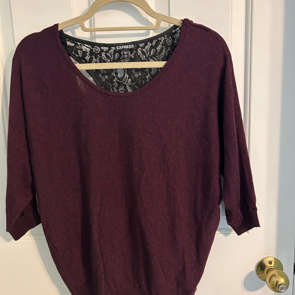 Express Women's Burgundy Scoop Neck Sweater with Black Lace Detail